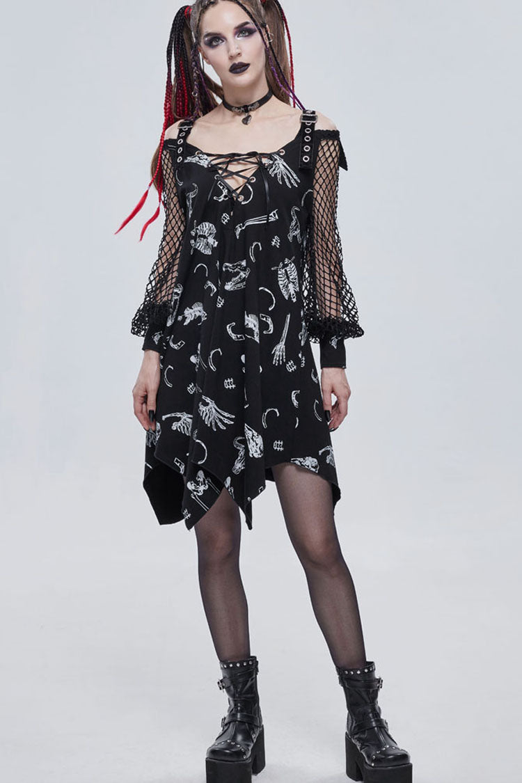Black Gothic Knit Bone Print Sling Metal Grommet Strap Design Long Sleeve Women's Dress