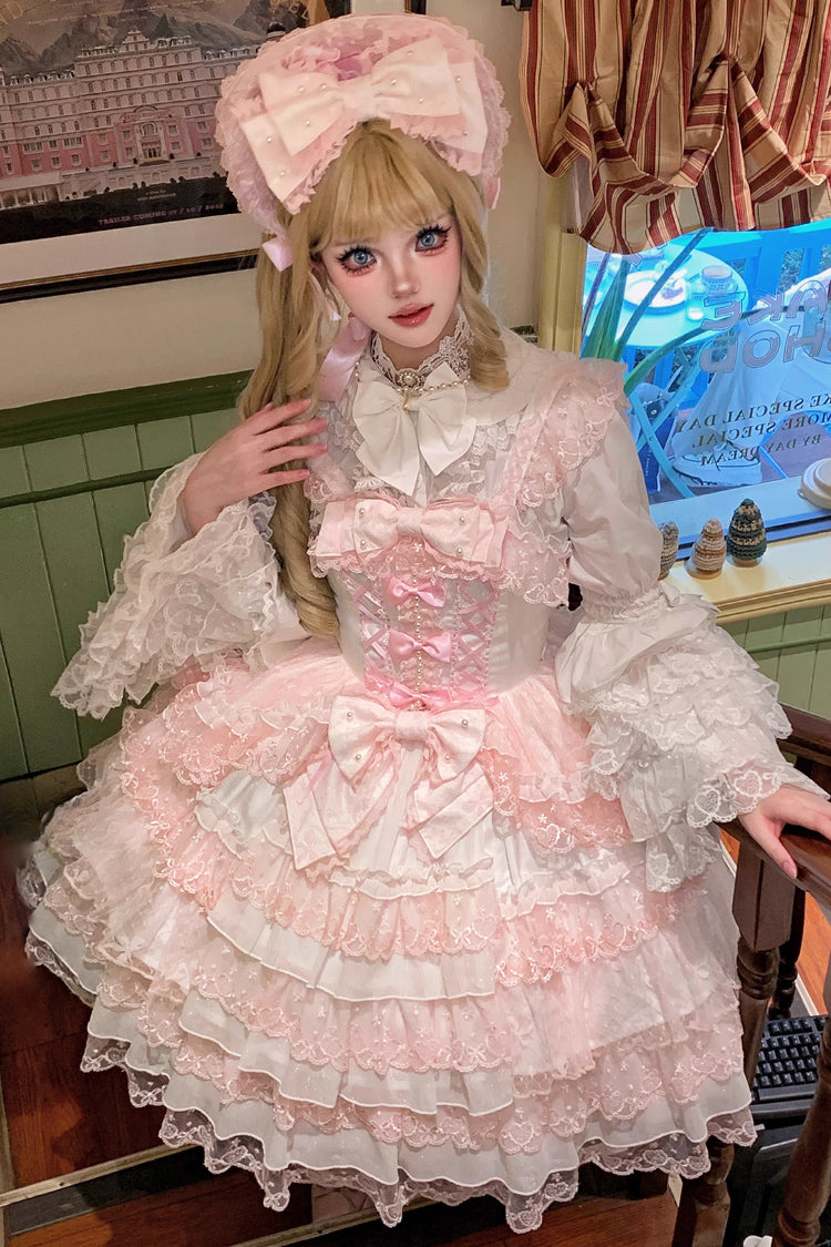 Pink/White [Love Overture] Multi-Layered Ruffle Bowknot Lace Sweet Lolita Jsk Dress