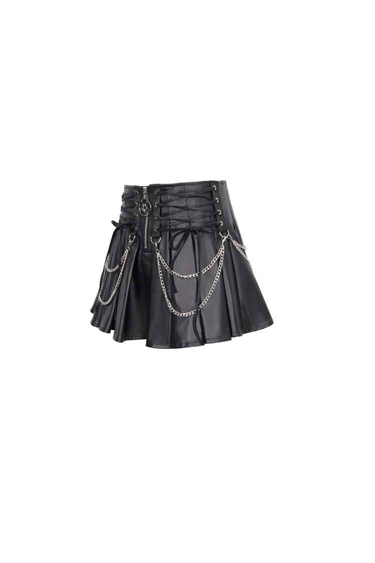 Black Faux Leather Web Eyelet Adjustable String Chain Pleated Women's Gothic Skirt