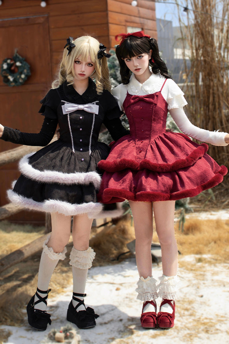 [Winter's Wish] Double-Layered Jacquard Bowknot Furry Sweet Lolita Jsk Dress 2 Colors