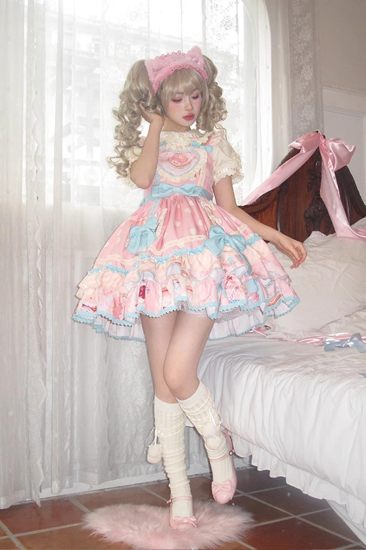 Pink Multi-layer Frosted Sugar Sweetheart Print Bowknot Sweet Lolita Jsk Dress