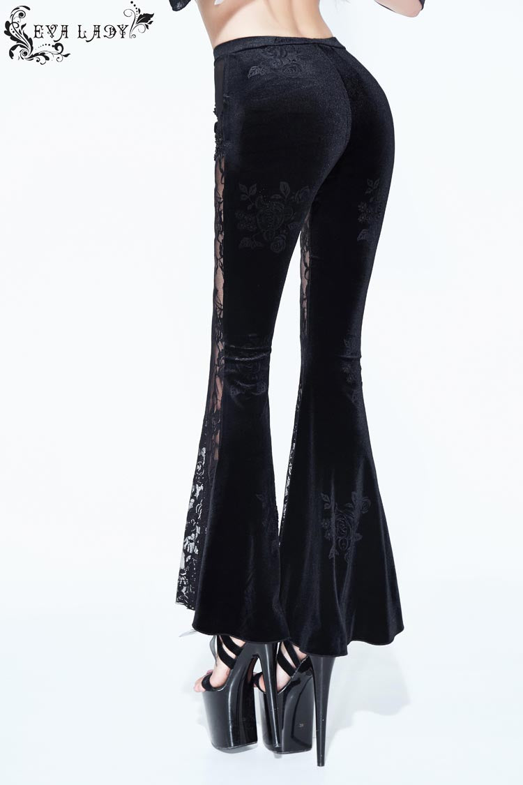 Black Side Bead Chain Flowers Splice Rose Pattern Lace Embossed Women's Gothic Knitted Flare Trousers