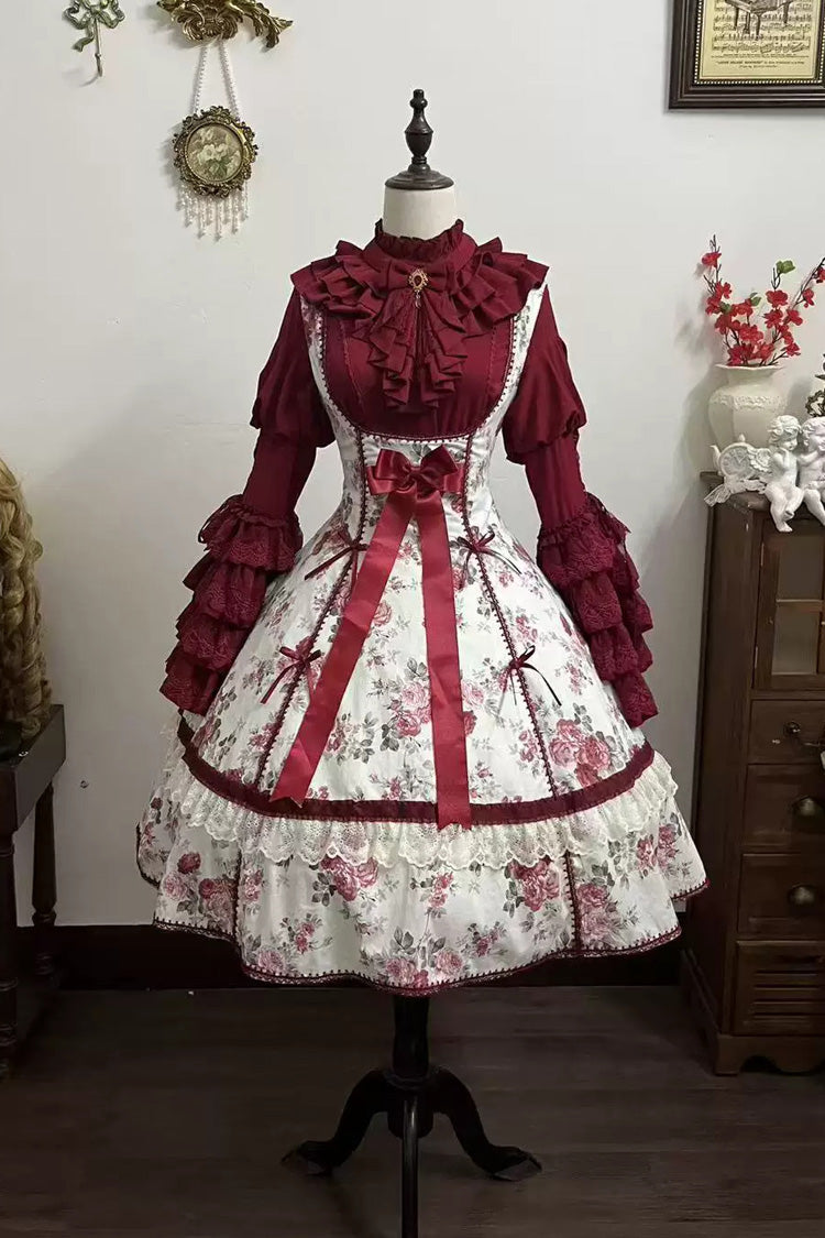 White/Red [Red Peony] Sleeveless Bustier High Waisted Floral Print Bow Lace Sweet Lolita JSK Dress