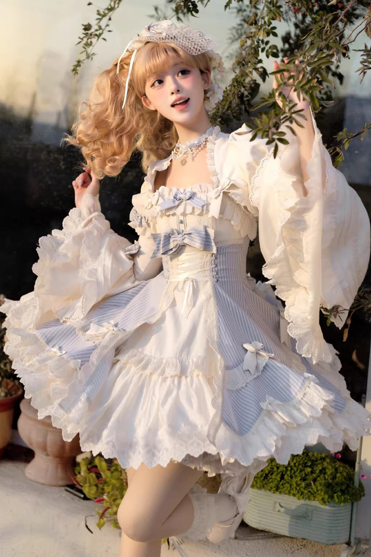 Blaues [Briefpapier] ärmelloses, doppellagiges, bedrucktes, gekräuseltes, vorne offenes, geschnürtes, süßes Lolita-JSK-Kleid (kurze Version)