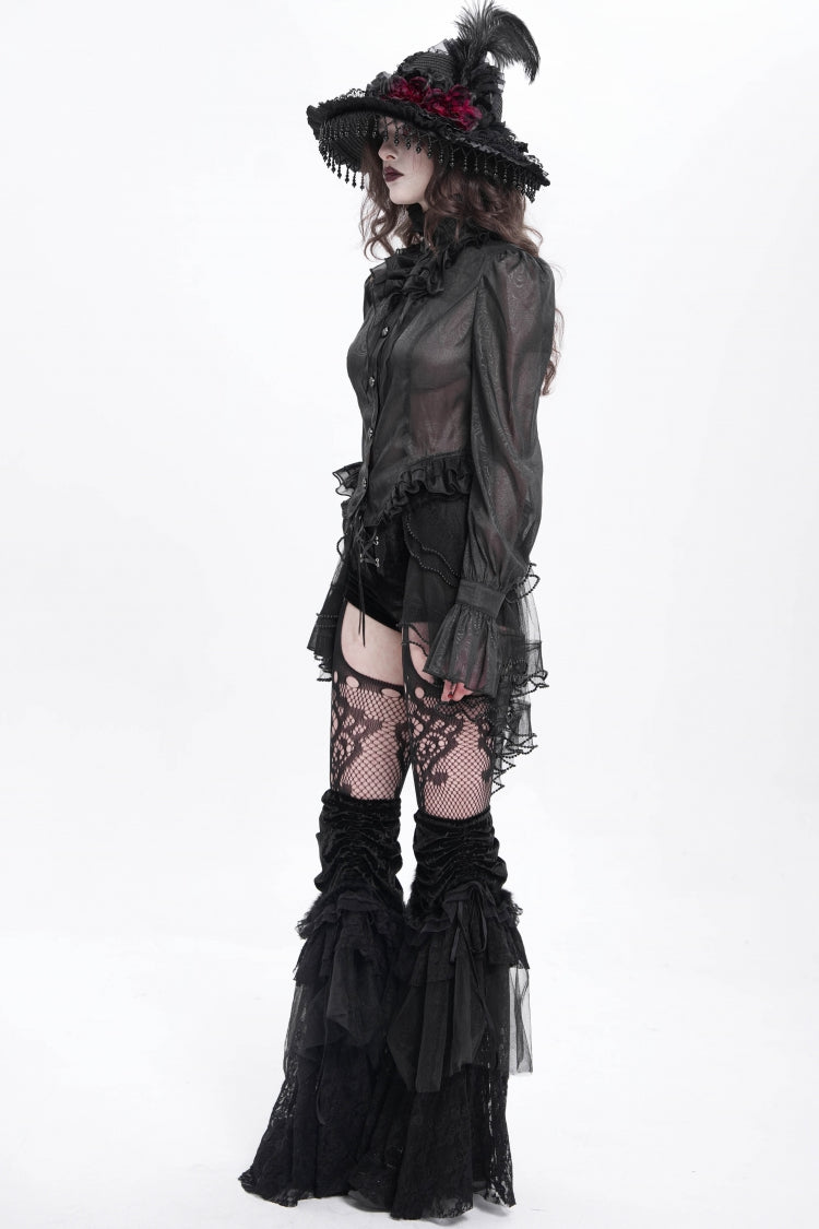 Black Stand Collar Ruffle Sheer Women's Swallow-tailed Gothic Blouse