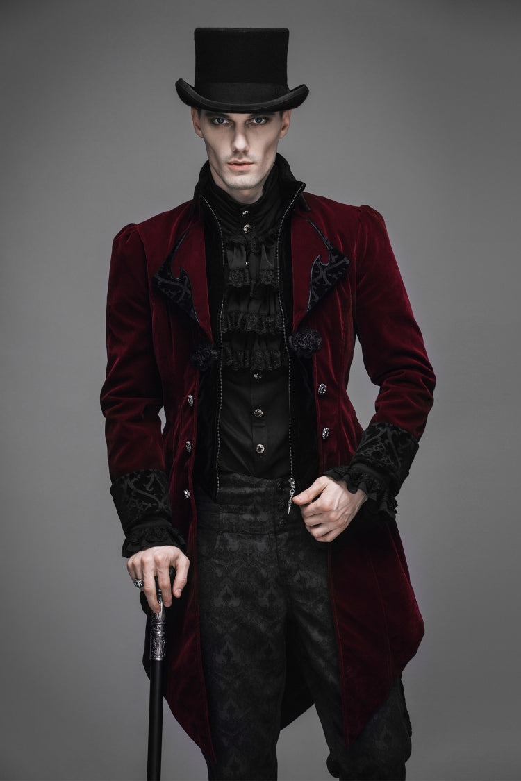 Wine Formal Party Turn Down Collar Long Sleeves Mens Gothic Swallowtail Coat
