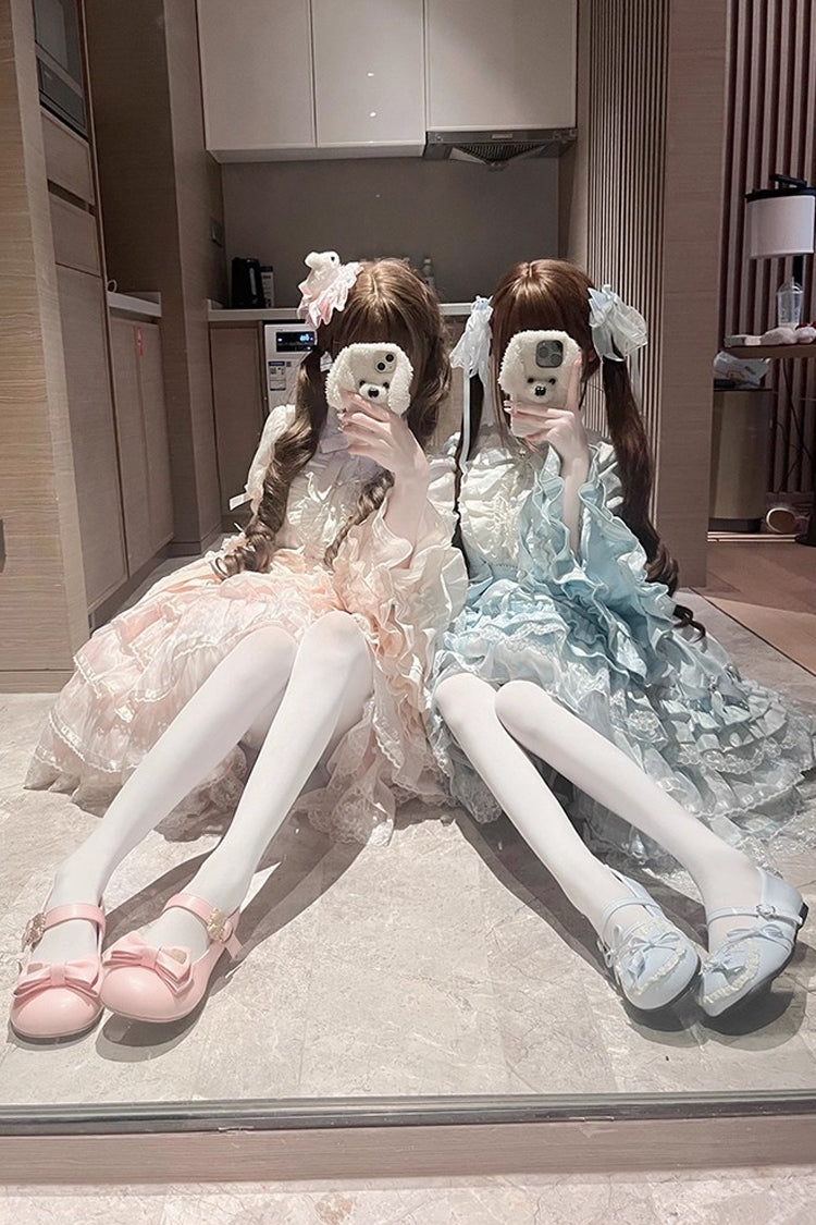 Pink [The Soloist Doll] Long Hime Sleeves Multi-Layered Print Ruffle Bowknot Asymmetric Sweet Lolita Dress