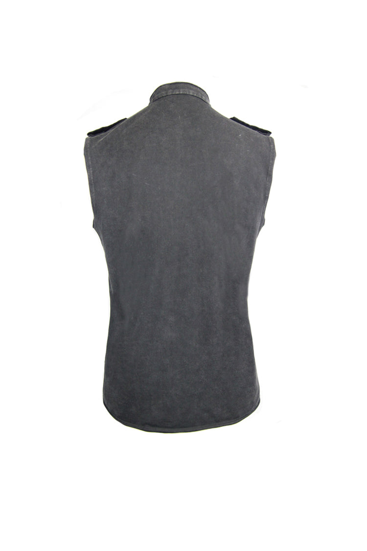 黒軍服スタイル胸中国カエルボタンノースリーブメンズパンク T シャツ