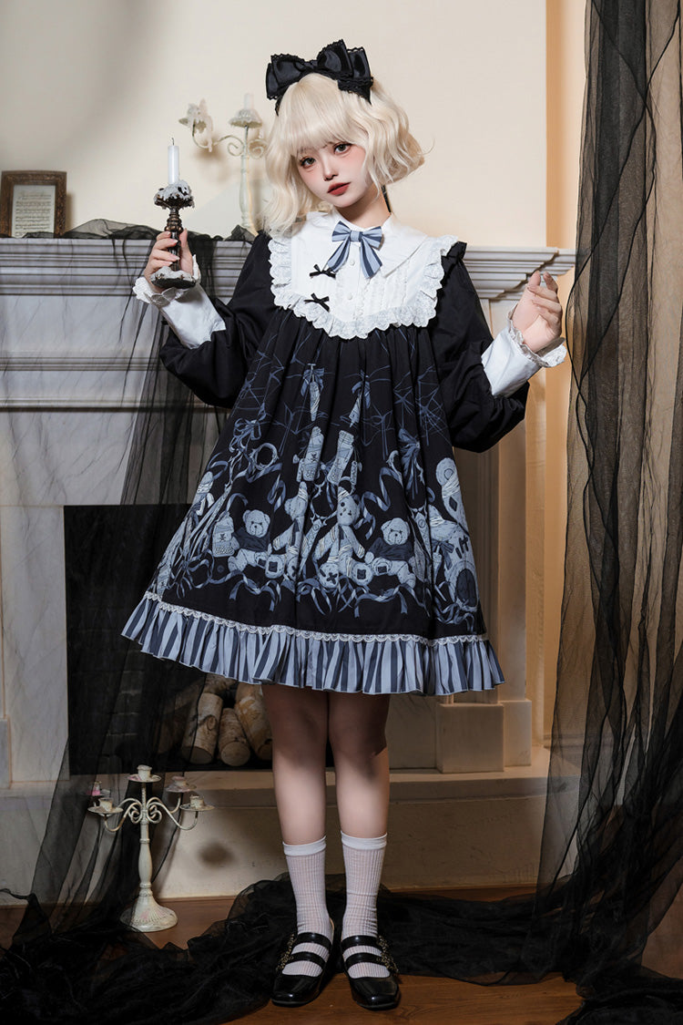 Black Bandage Bear Print Long Sleeves Ruffle Bowknot Lace Gothic Lolita Dress
