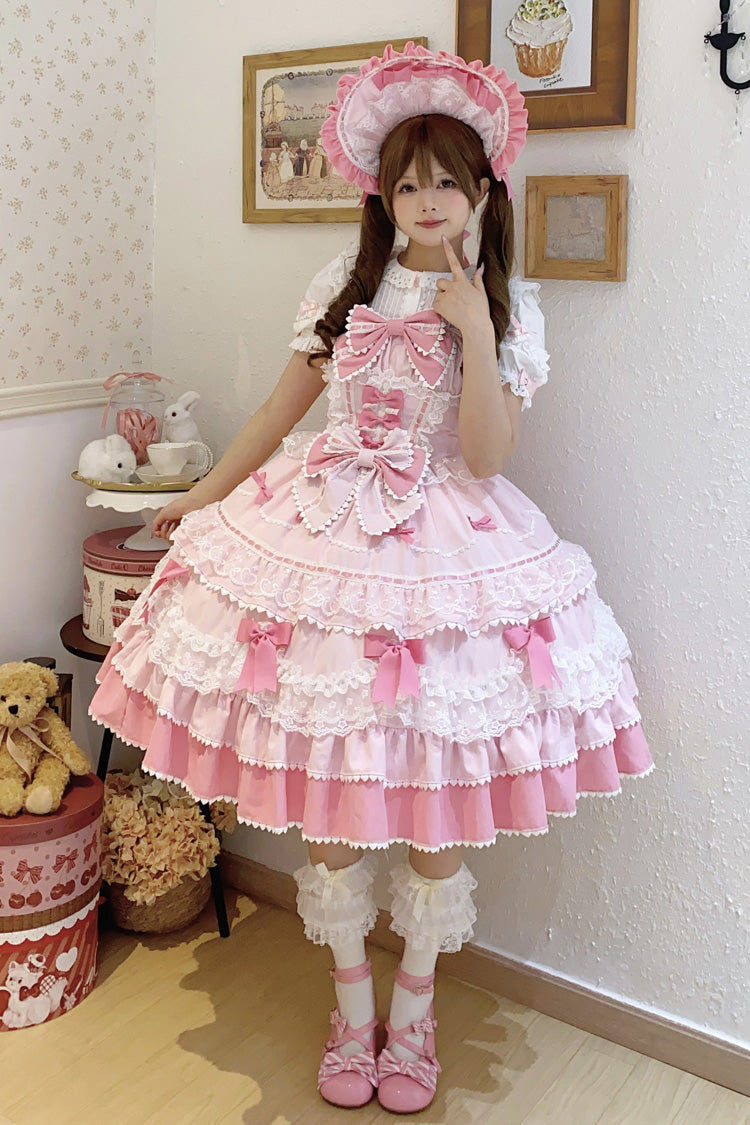 Pink [Fondant Cake] Sleeveless Multi-Layered Ruffle Bowknot Lace Sweet Lolita Jsk Dress