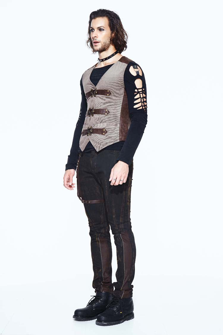 Brown Striped Retro Bags Clasp Back Waist Loops Men's Punk Waistcoat