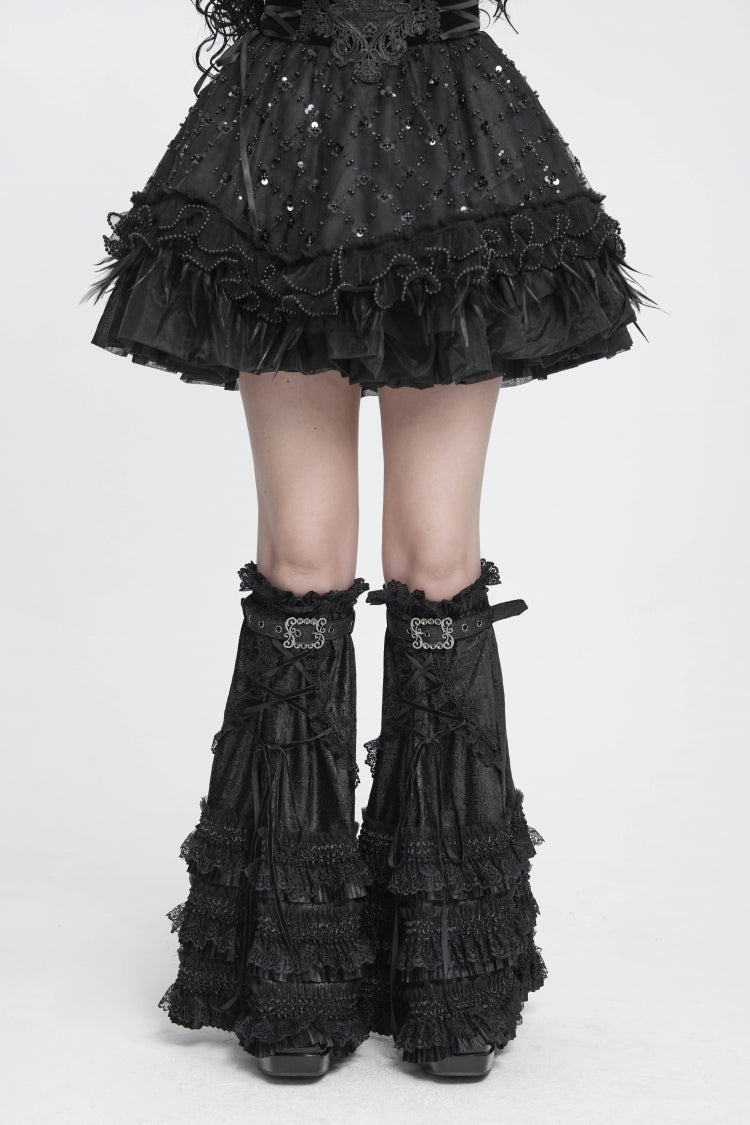 Black Multi-Layered Lace Lace-Up Buckled Pleated Women's Gothic Luxurious Royal  Leg Warmers