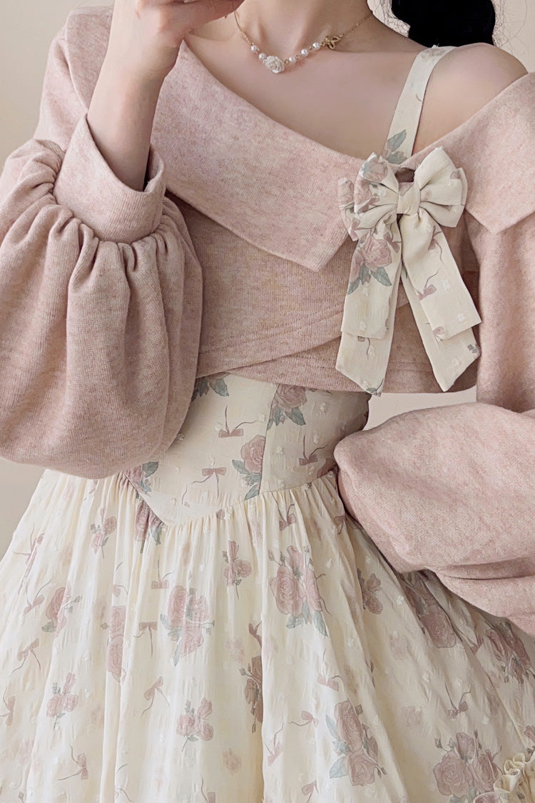 Rosa Lolita JSK Kleid Set mit schrägen Schultern, Rüschen, Schleife und Spitze
