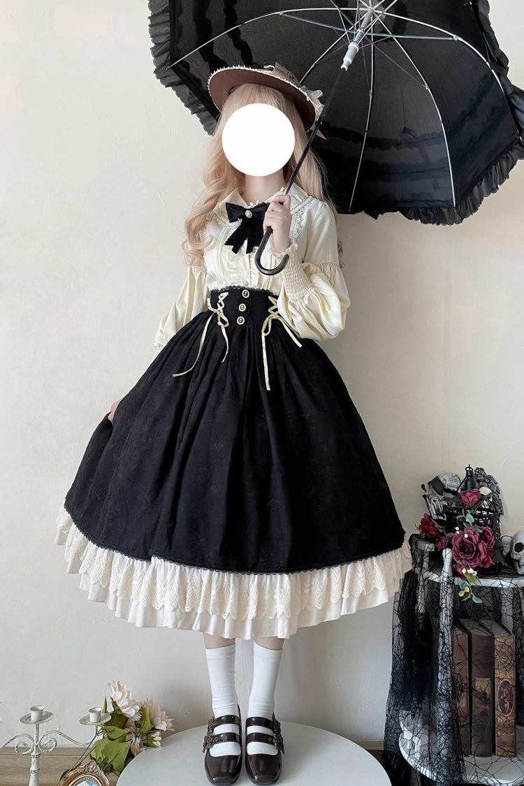 Black [Heart of Rose] High Waisted Ruffle Embroidery Lace-Up Sweet Vintage Elegant Palace Lolita Skirt