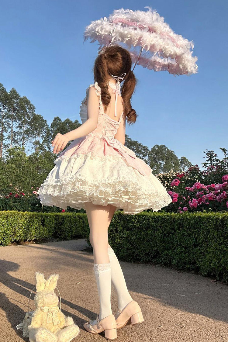Pink [Leiffu] Sleeveless Ruffle Bowknot Lace Lace-Up Sweet Ballet Lolita Jsk Dress