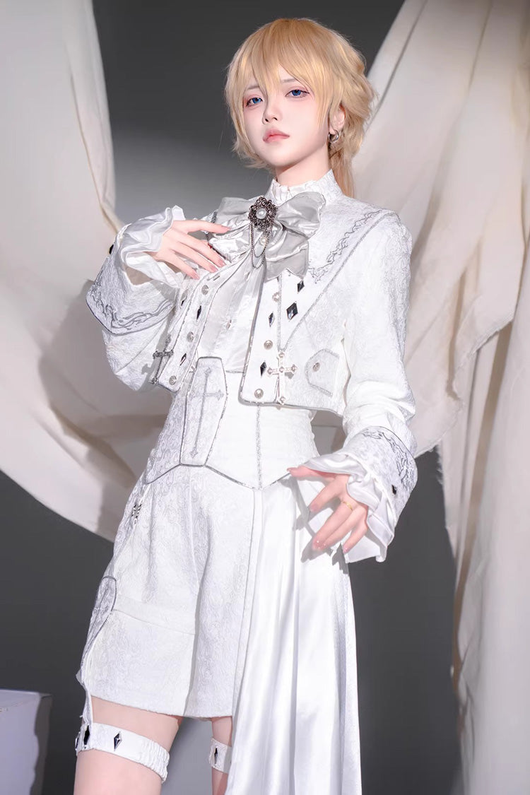 White [Silver-White Sacred Pact] Bow Asymmetric Gothic Prince Palace Ouji Lolita Shorts Coat Four-Piece Set