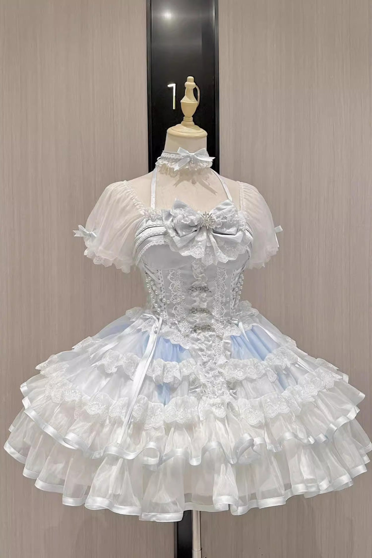 White/Blue [Ice Dance] Halterneck Multi-Layered Bowknot Lace Sweet Ballet Lolita Dress