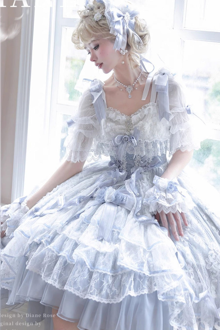 Blue [Diane Rose] Short Sleeves Multi-Layered Jacquard Ruffle Hanayome Cardigan Bowknot Lace Sweet Lolita Dress