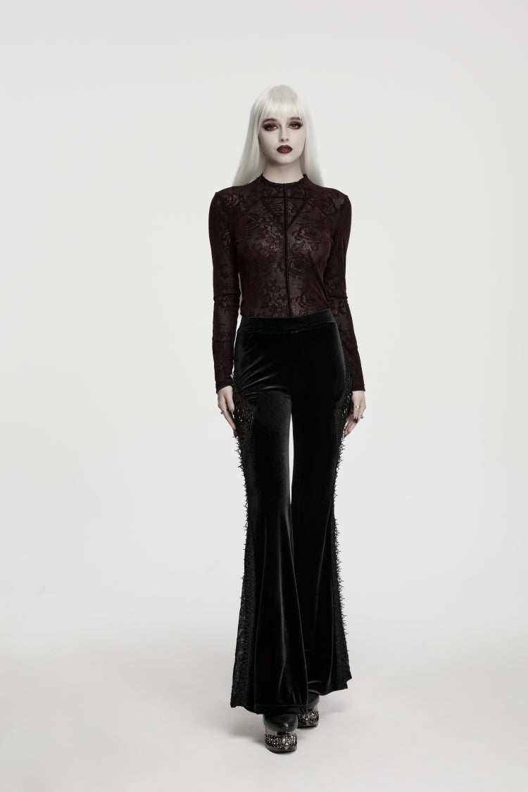 Black Patchwork Slim Fit Women's Gothic Floral Lace Spliced Beaded Tassel Flare Pants