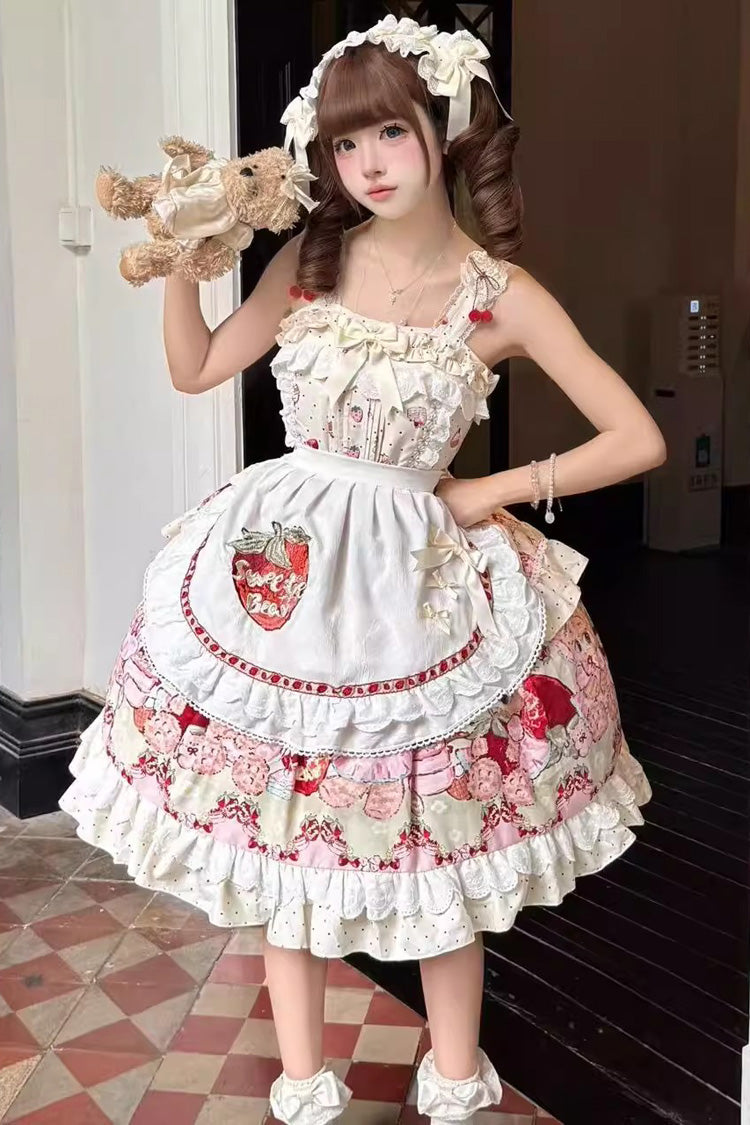Ivory [Strawberry Bear] Sleeveless Double-Layered Print Ruffle Bowknot Sweet Princess Lolita Jsk Dress