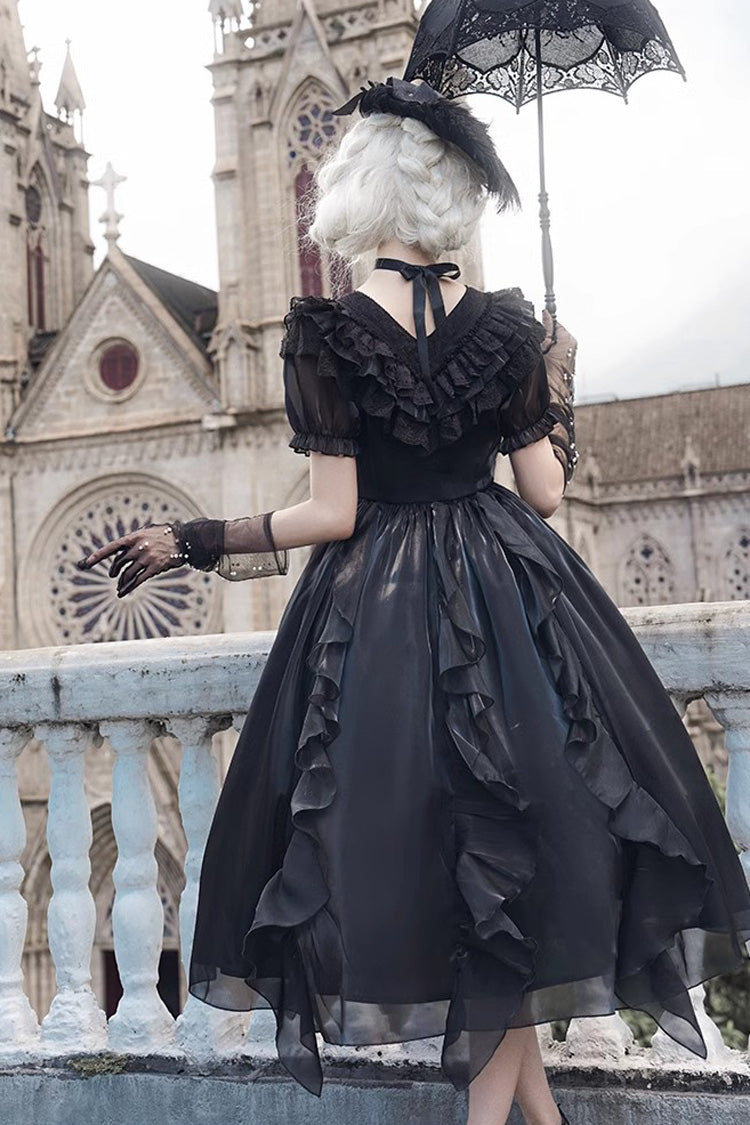 Black V-Neck Lace Cla Daily Short Puff Sleeves Gothic Lolita Dress