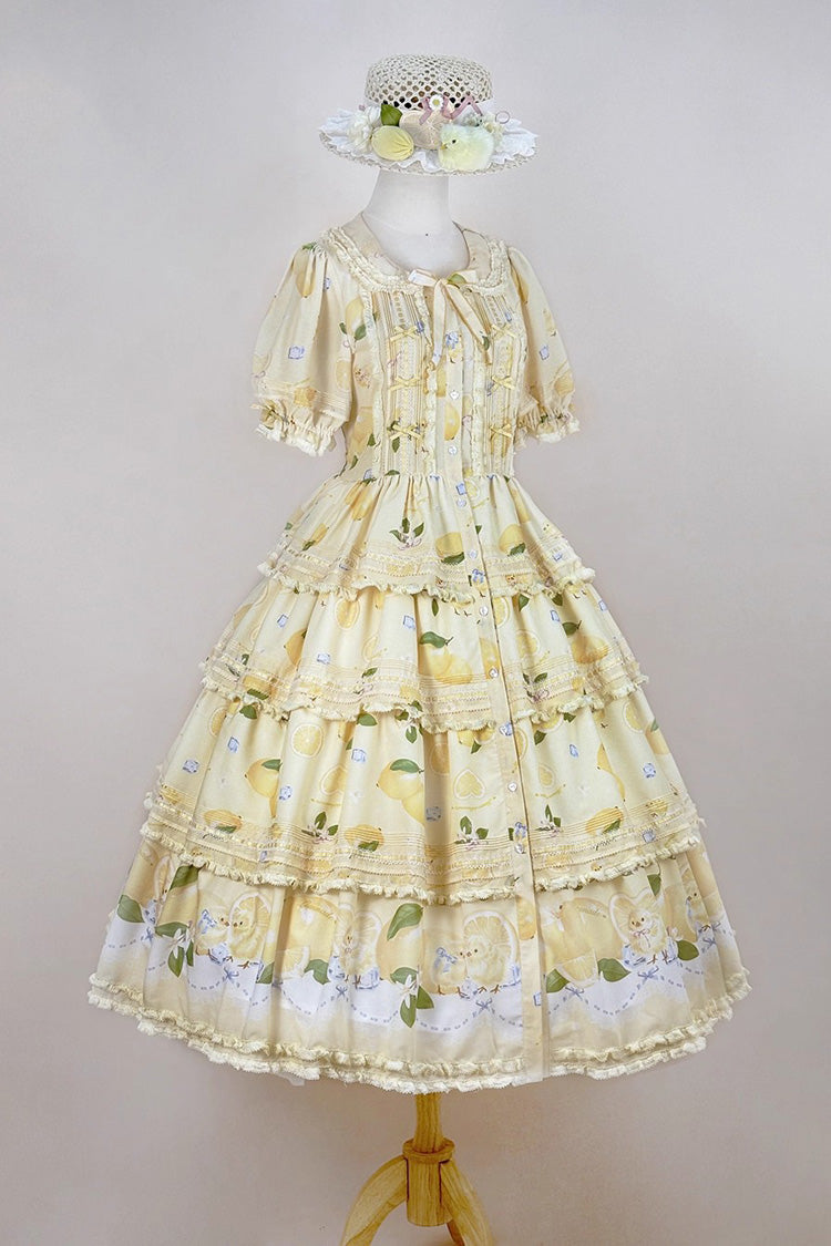 Yellow [Lemon Chicken] Short Sleeves Triple-Layered Print Ruffle Bowknot Lace Sweet Gorgeous Lolita Dress