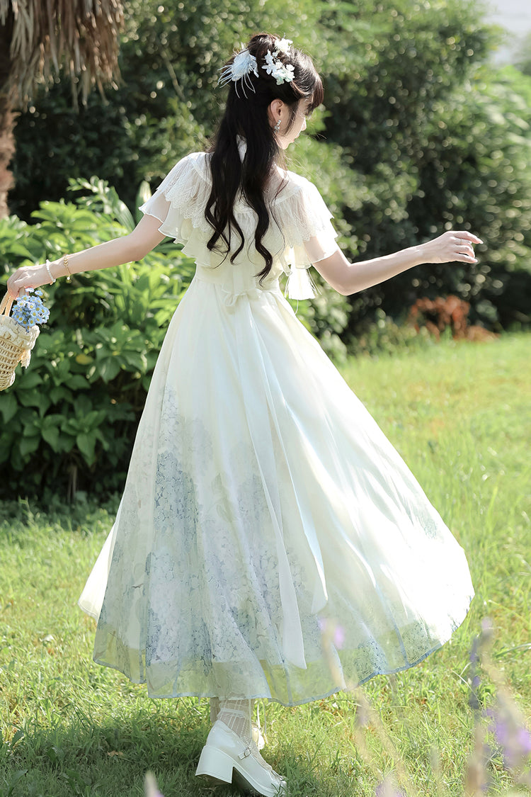 Robe Lolita élégante de style chinois doux avec manches courtes imprimées, volants en dentelle et message d'hortensia blanc 