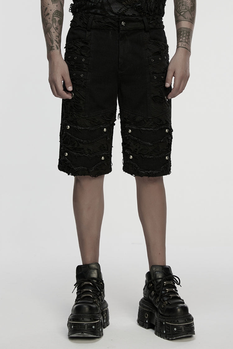 Black Ripped Eyelet Straps Men's Gothic Shorts