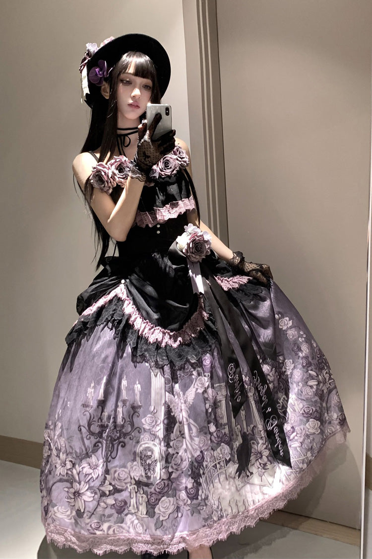 Black/Purple [Angel Garden] Sleeveless Print Ruffle Bowknot Lace Sweet Gothic Lolita Skirt Set