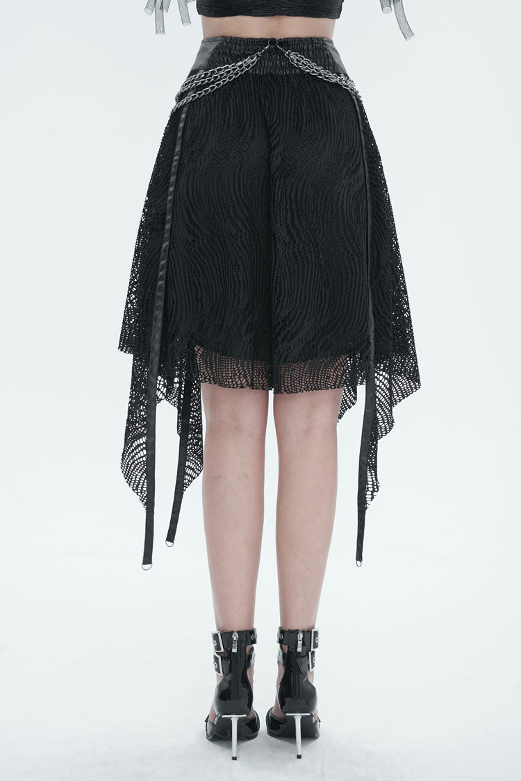 Black Irregular Half Hollow Knit Metal Chain Decorated Women's Punk Skirt