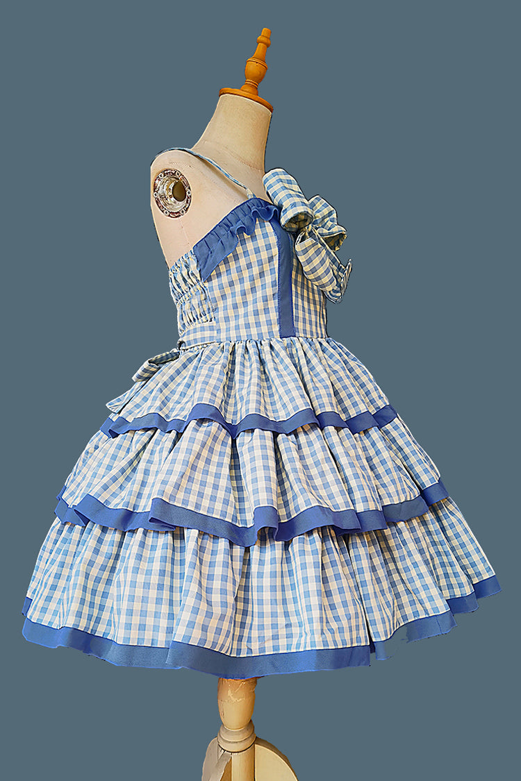 Blue [Cloth Cat] Triple-Layered Plaid Print Ruffle Bowknot Sweet Lolita Dress 2 Colors