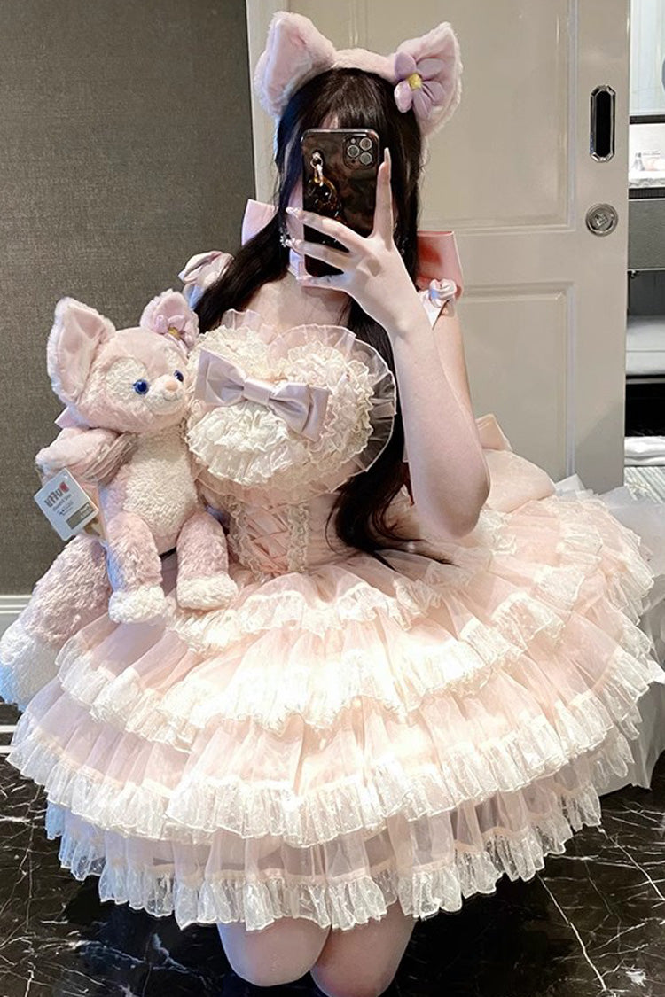 Rosa mehrlagiges Rüschen Bowknot Spitze Süßes Prinzessin Lolita Jsk Kleid