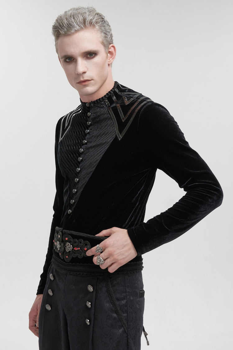Black Round Collar Long Sleeves Stripes Splice Velvet Men's Gothic Shirt
