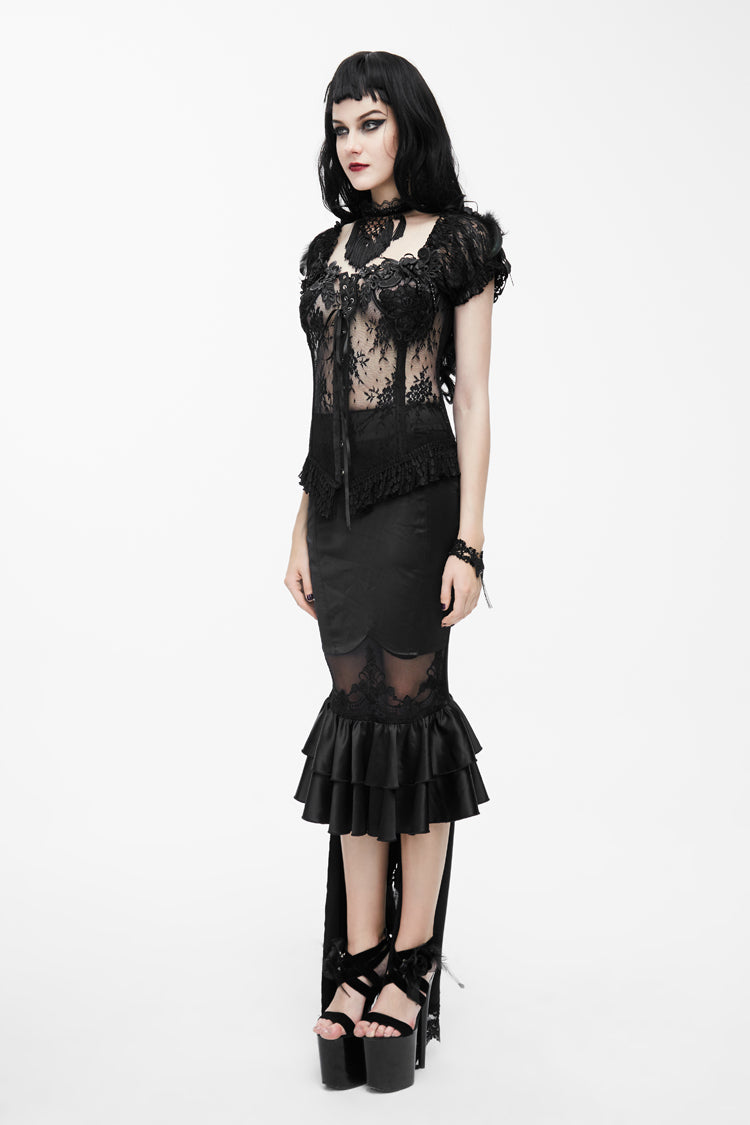 Black Back Decals Transparent Mesh Hem Satin Trailing Women's Gothic Skirt