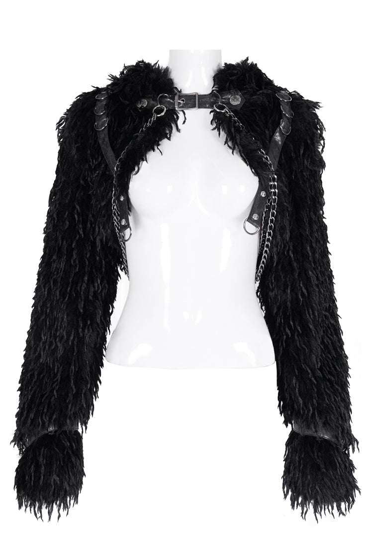 Black Long Sleeves Hooded Women's Gothic Chain Buckle-up Horn Cape