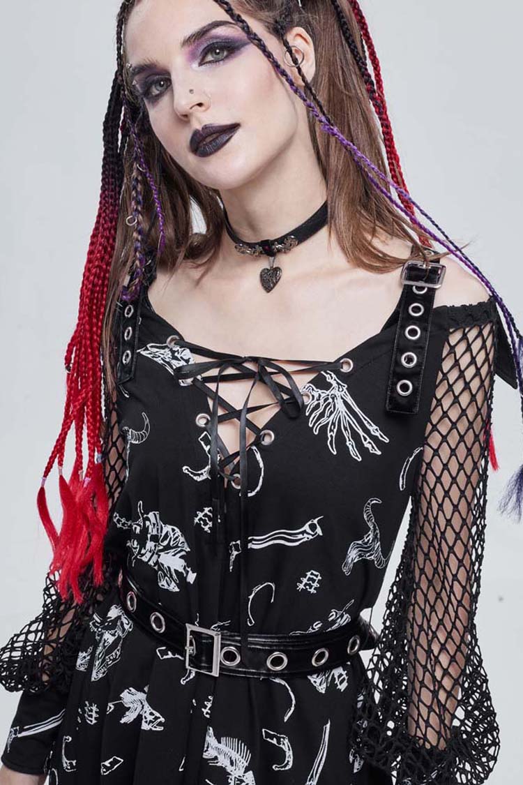 Black Gothic Knit Bone Print Sling Metal Grommet Strap Design Long Sleeve Women's Dress