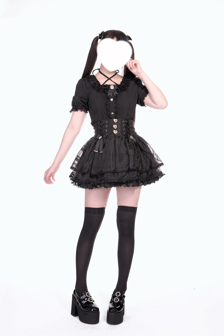 [Love Hanabi] Triple-Layered Bowknot Lace-Up Organza Sweet Jirai Kei Japanese Skirt 3 Colors