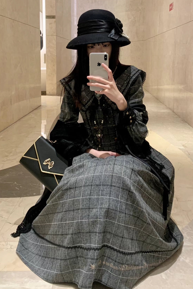 Grey [Fontainebleau] Long Sleeves Plaid Print Bowknot Elegant Sweet Lolita Dress