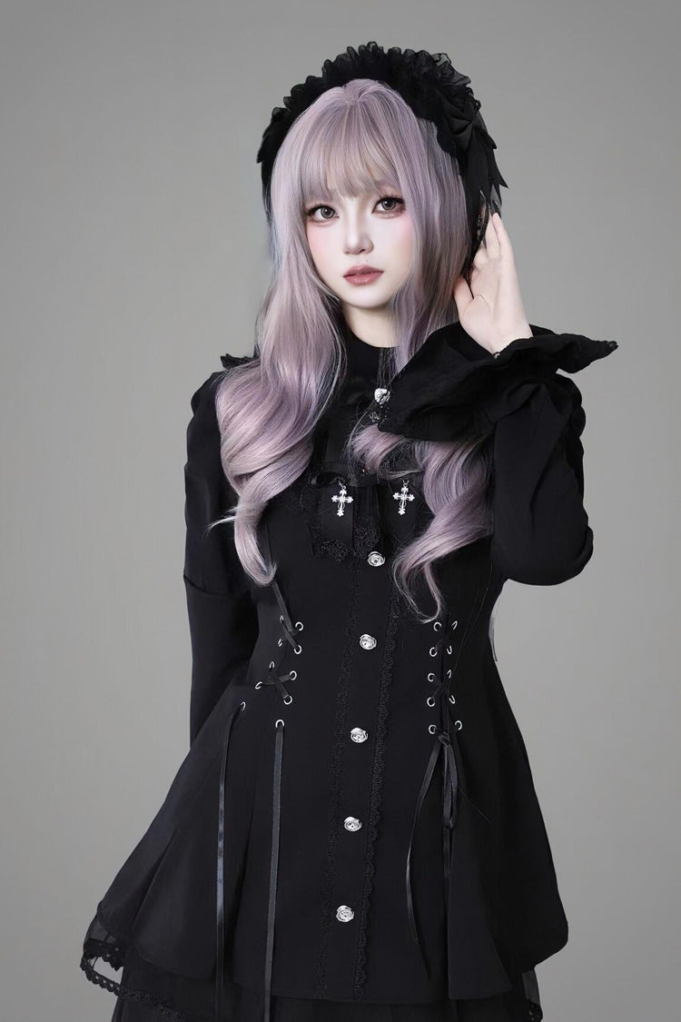 Black Long Trumpet Sleeves Ruffle Gothic Jirai Kei Japanese Dress Set 2 Colors
