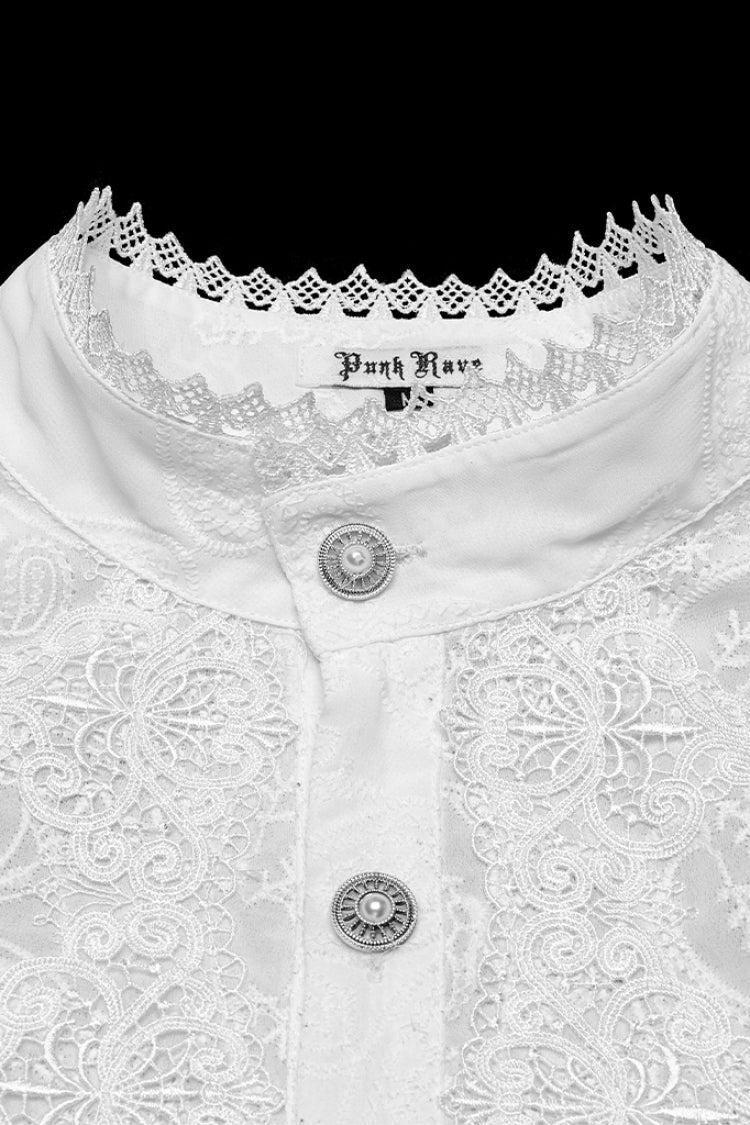 Weiße Stehkragen-Chiffonbluse mit langen Ärmeln und hohler Stickerei für Herren im Gothic-Stil 