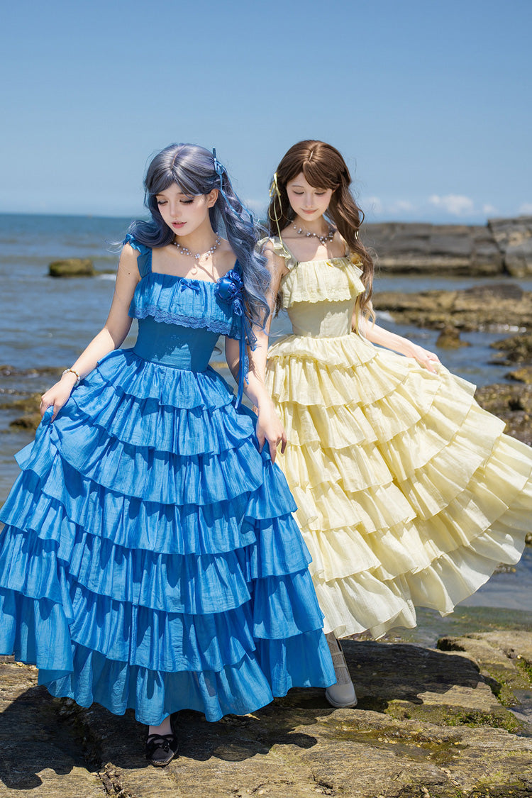 [Bubble Rain] Mehrlagiges, gerüschtes Sweet Lolita JSK-Kleid mit flatternden Ärmeln, 2 Farben (Gelb, Blau)