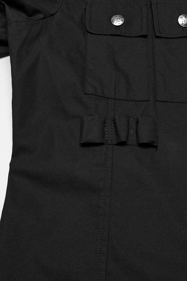 Schwarze Bluse mit Reverskragen, kurzen Ärmeln, Tasche und Ösen im Punk-Stil für Herren 