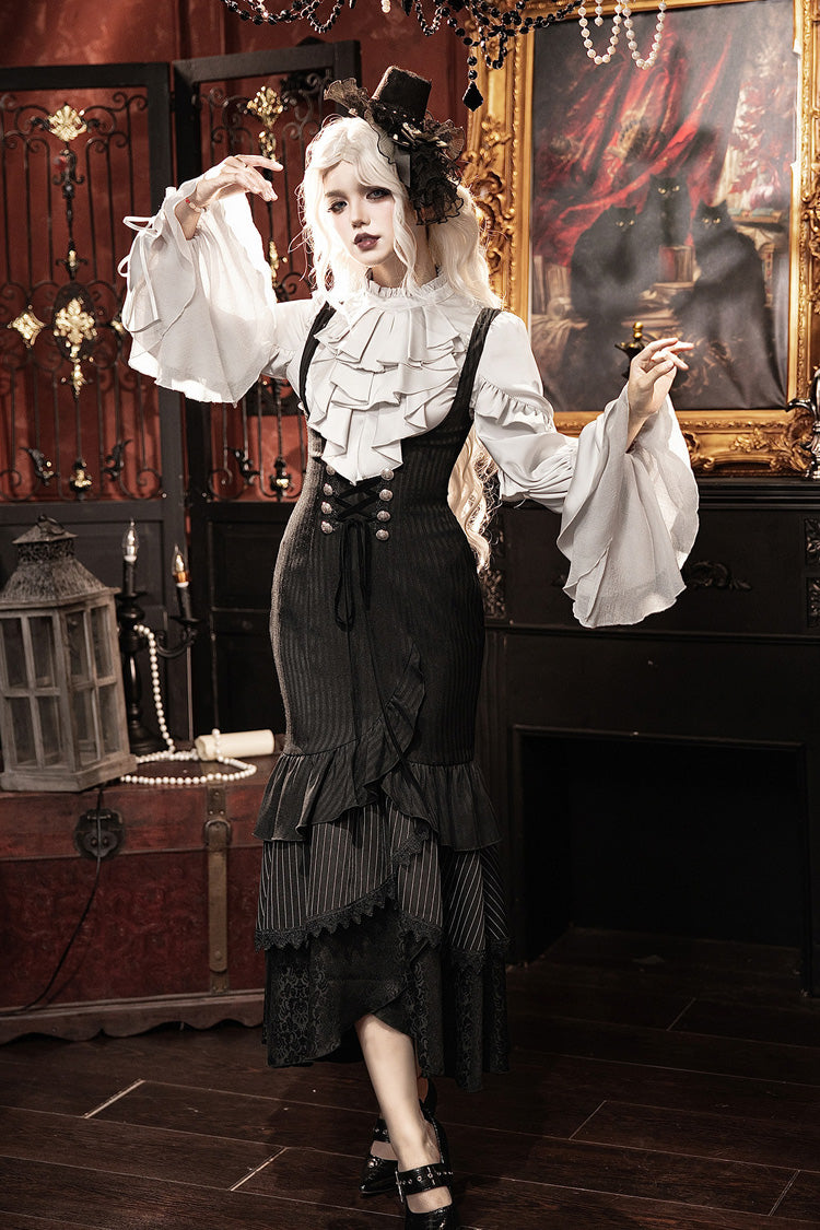Silbergrau/Schwarz [Night Raven] Langärmliges, dreilagiges, bedrucktes, schnürbares, bruststützendes Gothic-Lolita-Meerjungfrauenkleid mit Jacquardmuster