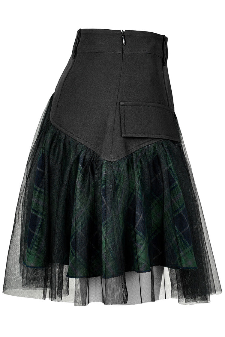 Green Cotton Splicing Mesh Plaid Personalized Pocket Decoration Waist Punk Women's Short Skirt
