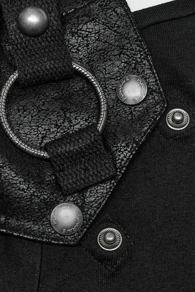Black Short Sleeves Detachable Shoulder Pad Hollow Mens Steampunk T-Shirt