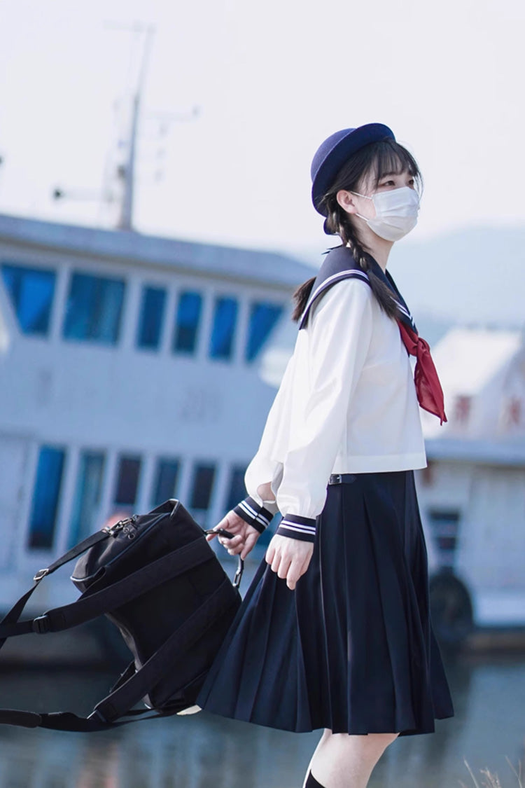 White/Dark Blue Long Sleeves Sweet Japanese School Skirt Set