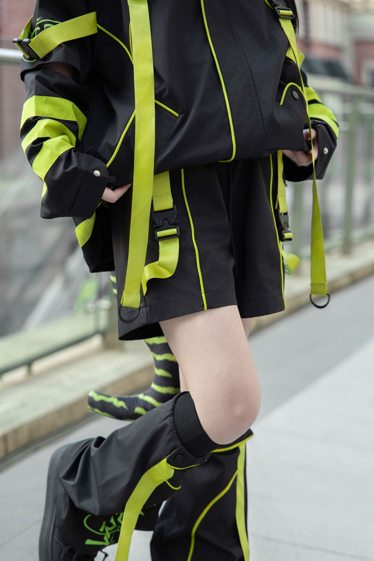 Yellow/Green/Black Long Sleeves Print Cat Ears Hooded Jirai Kei Handsome Coat