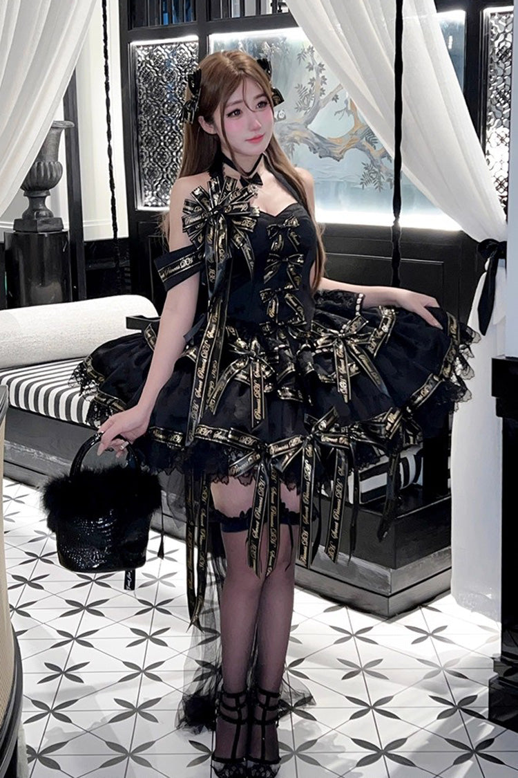 Black [Young Lady] Halterneck Sleeveless Multi-Layered Ruffle Bowknot Elegant Princess Gothic Lolita Dress