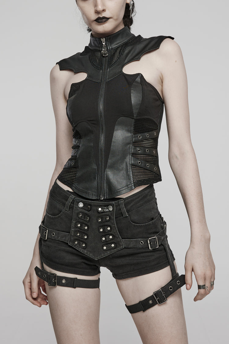 Black Sleeveless Hollow Stretch Knitted Stitching Womens Bat Wings Steampunk Vest