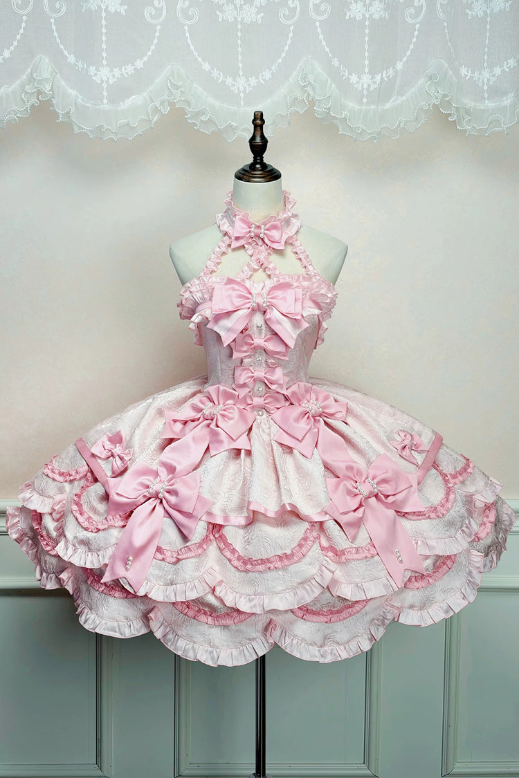 Robe rose [Pétales de chérie] Dos nu sans manches multi-couches Jacquard à volants avec nœud et perles Détail Sweet Lolita Jsk